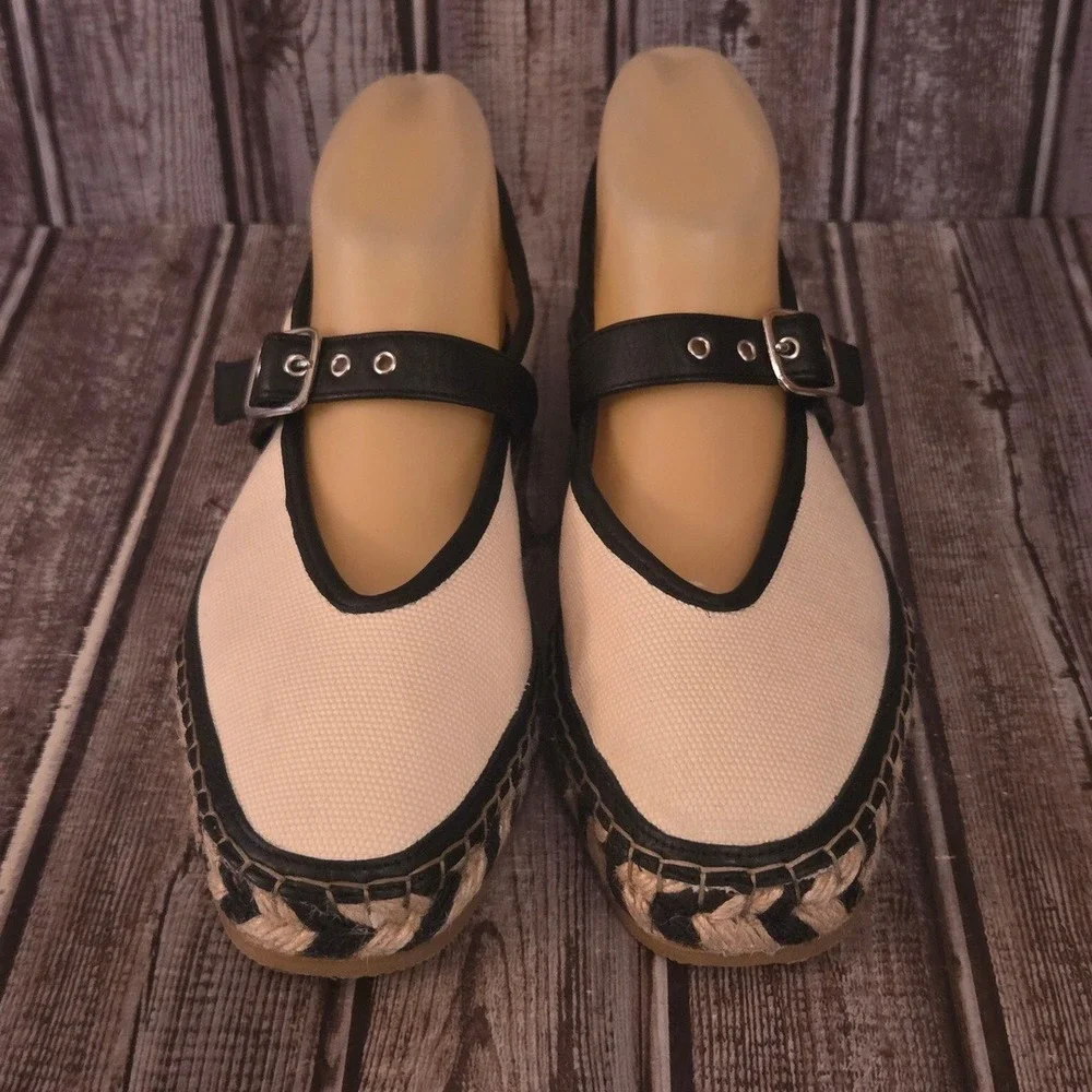 Sz 8.5 Madewell Cream Black Canvas Mary Jane Espadrille Platform Shoes VGUC